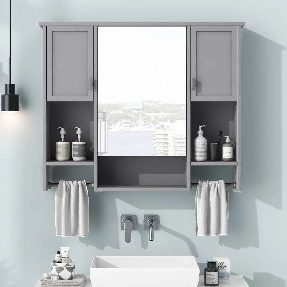IVV Wall Mounted Bathroom Cabinet with Mirror, Modern Over The Toilet Storage Cabinet, White Medicine Cabinet Organizer with 3 Doors, 2 Towel Bars, Open Storage & Adjustable Shelves