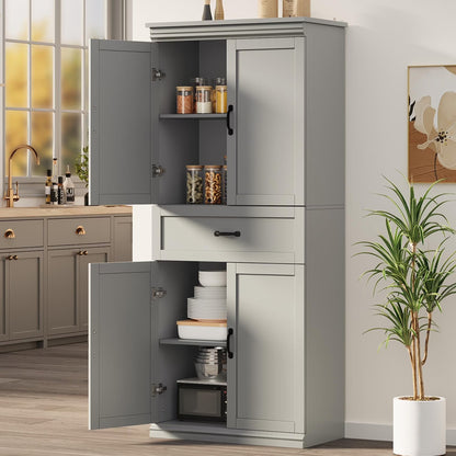 DSstyles Pantry Cabinet, Freestanding Kitchen Pantry Storage Cabinet,70" Cupboard, Tall Storage Cabinet with Doors and Adjustable Shelves, for Bathroom, Dining Room, Living Room, Antique White/Gray