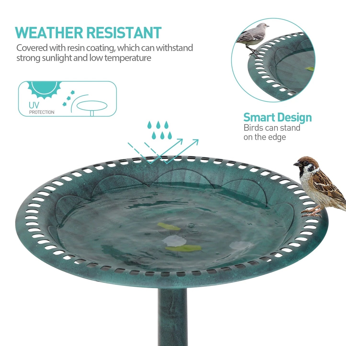 HomGarden 28" Vintage Bird Bath Antique Green Birdbath Outdoor Garden Backyard Dcor