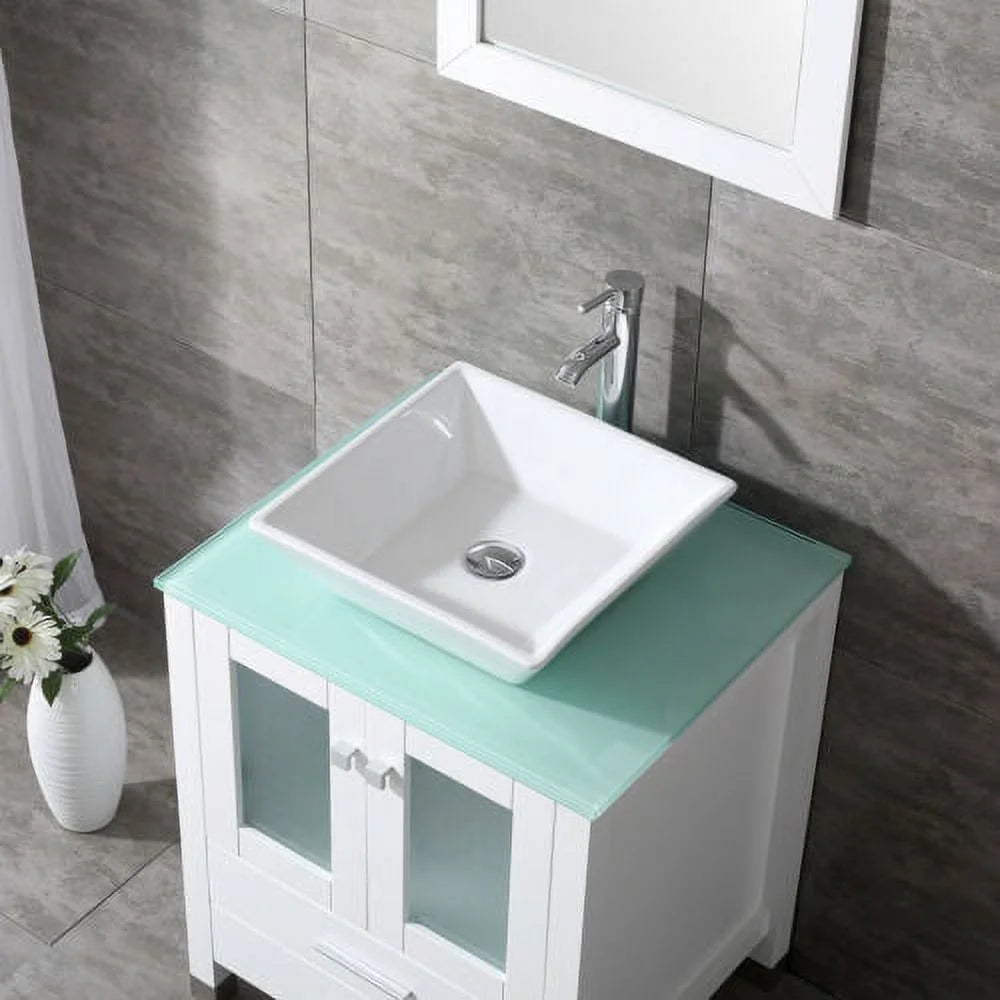 Wonline 24" Bathroom Vanity Cabinet Ceramic Sink Faucet Drain Combo w/ Mirror Set White