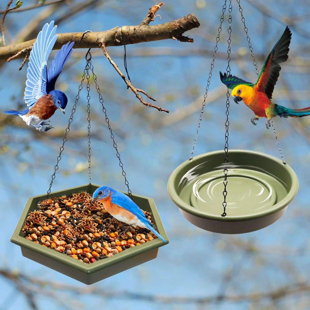 Hanging Bird Bath Feeder for Outdoors,Bird Feeder Hanging Bird Feeder Tray Charm to Your Garden 2 in 1