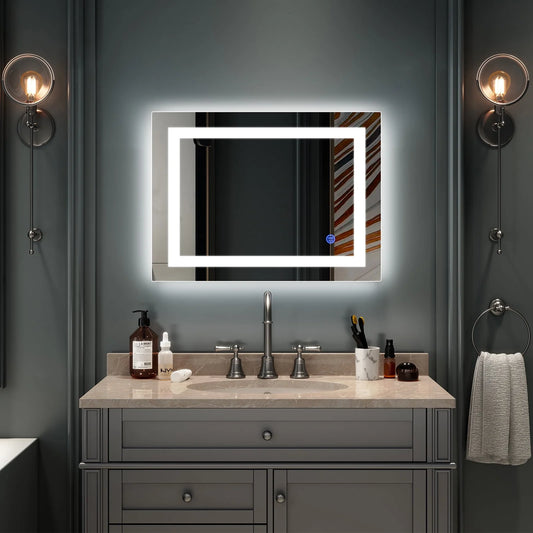 Ktaxon 28x20 inch LED Lighted Bathroom Mirror Silvered Wall Mounted Mirror with Touch Button,Anti Fog and IP67 Waterproof Square Mirror