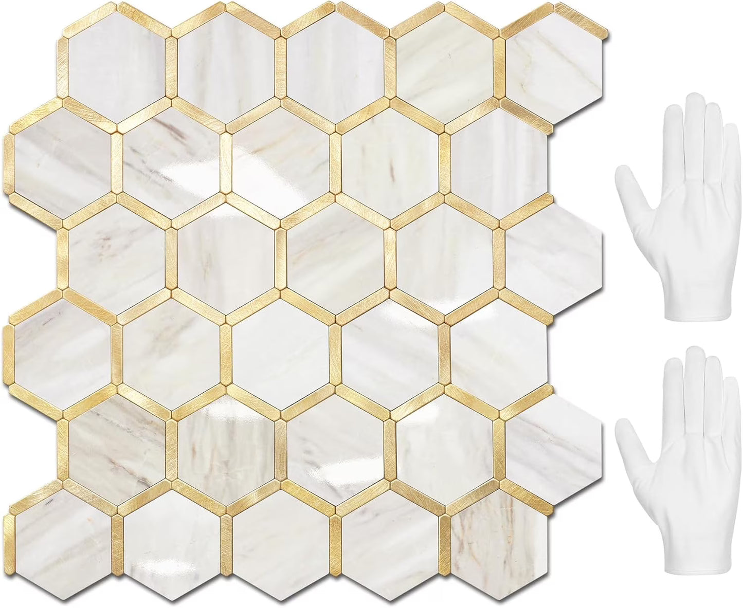 Hexagon Peel and Stick on Backsplash for Kitchen and Bathroom, White Marble Look PVC Mixed Metal Gold Self Adhesive Metal Mosaic Tiles(10 Sheets, Seamless)