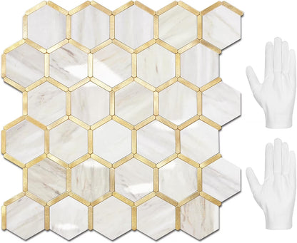 Hexagon Peel and Stick on Backsplash for Kitchen and Bathroom, White Marble Look PVC Mixed Metal Gold Self Adhesive Metal Mosaic Tiles(10 Sheets, Seamless)