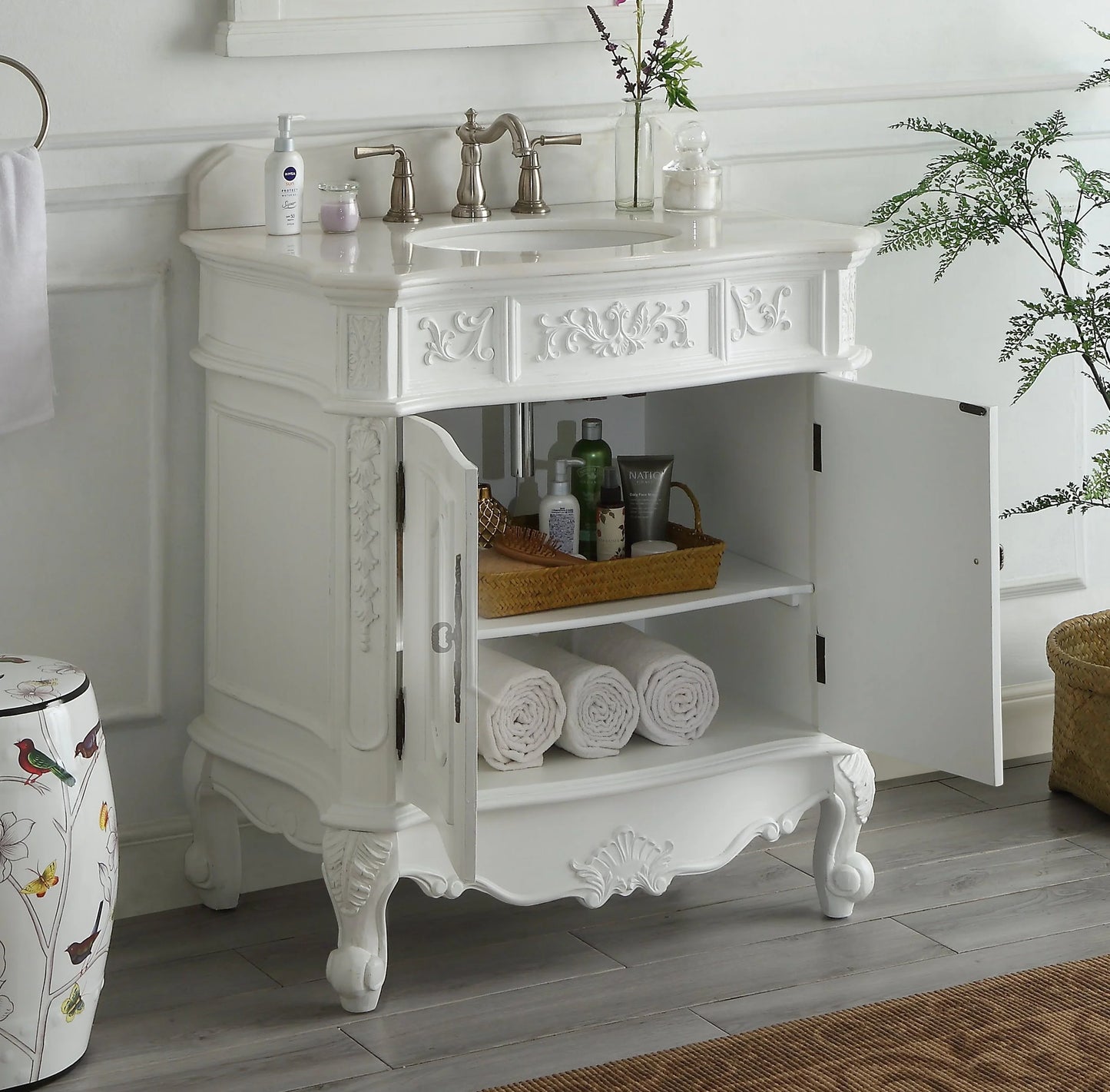 33" Benton Collection Benson Antique White French Bathroom Vanity HF-021W-AW