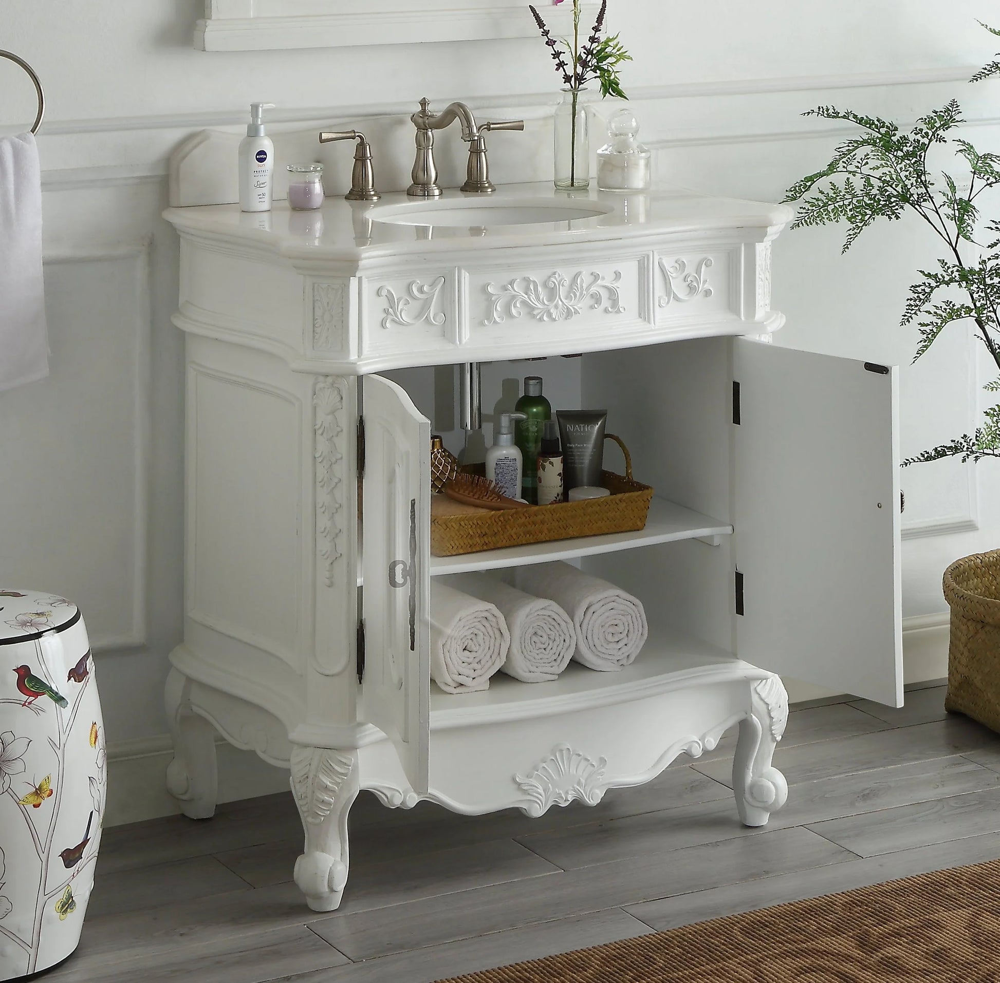 33" Benton Collection Benson Antique White French Bathroom Vanity HF-021W-AW