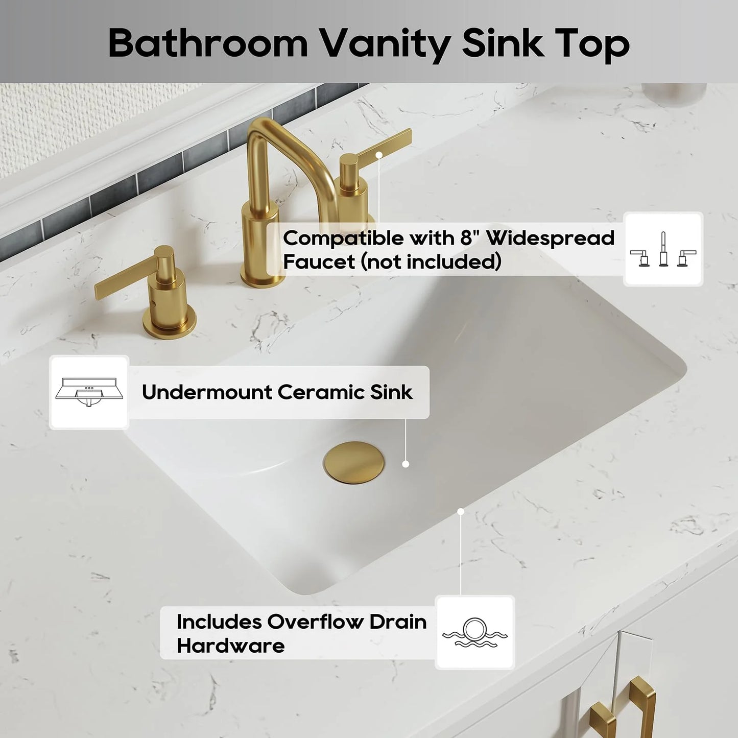 Deluxe Living 48" Bathroom Vanity with Marble Top, Fully-Assembled vanity with Ceramic Sink,Solid Wood Frame,Greige White