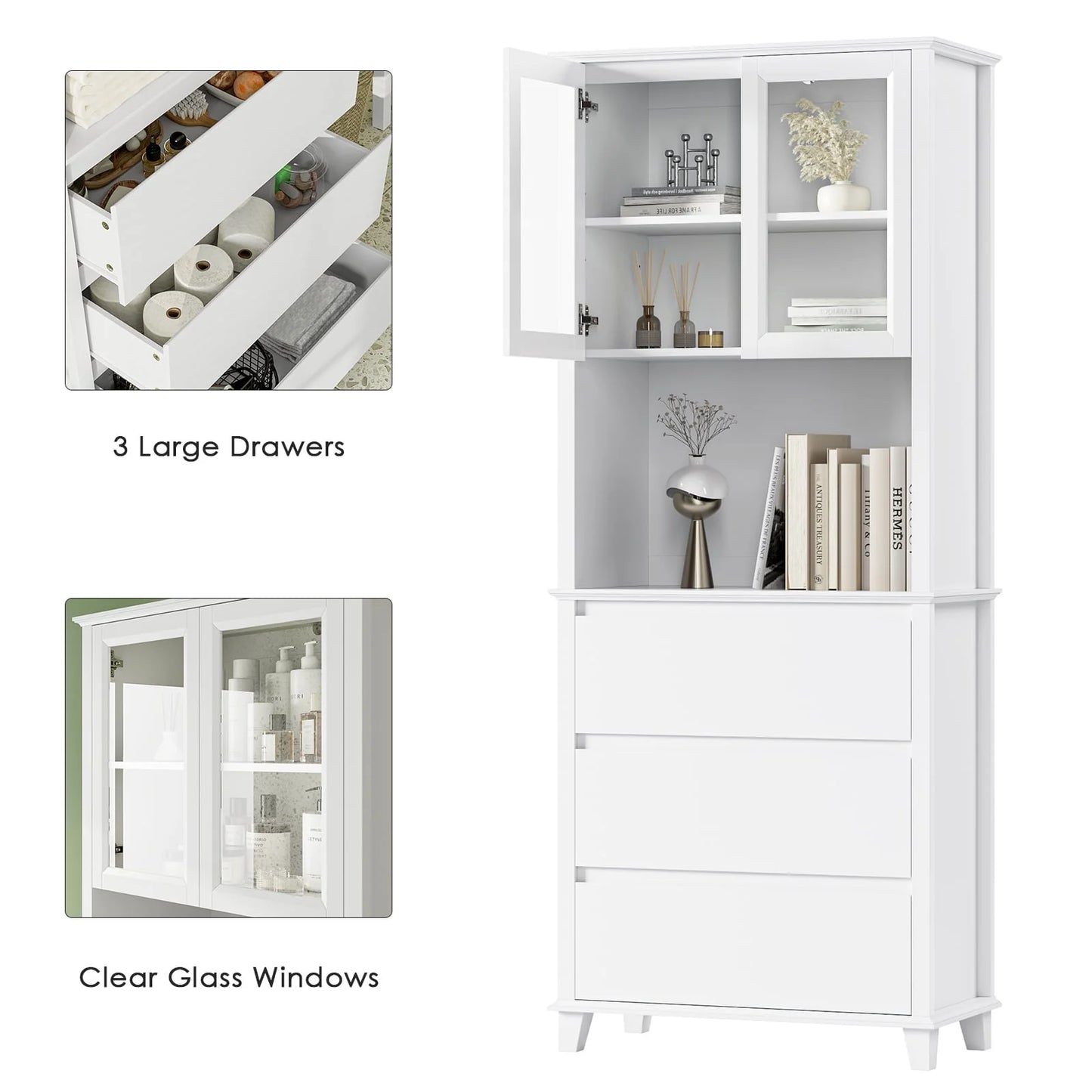 Homfa 3-Drawer Kitchen Storage Cabinet, 76.6'' Tall Cabinet with Clear Glass Door for Bathroom, White