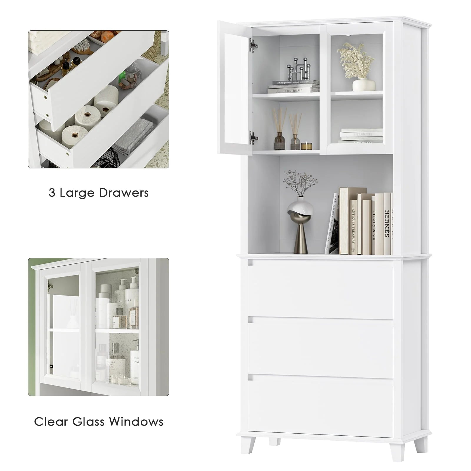 Homfa 3-Drawer Kitchen Storage Cabinet, 76.6'' Tall Cabinet with Clear Glass Door for Bathroom, White