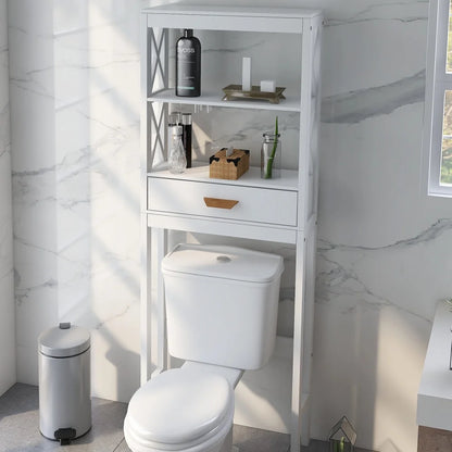 Over The Toilet Storage Cabinet with Drawer and 2 Shelves,Bathroom Space Saver Storage Rack,Toilet Shelf Organizer,White