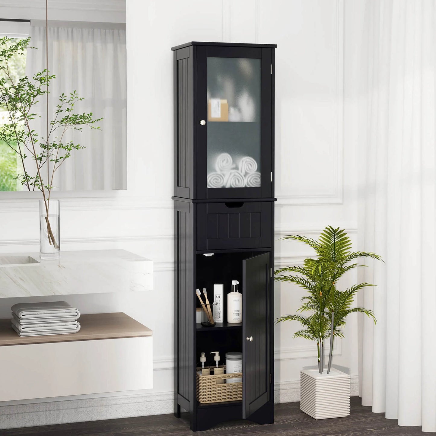 Costway Tall Bathroom Cabinet with Adjustable Shelves Deep Drawer for Living Room Black