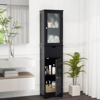 Costway Tall Bathroom Cabinet with Adjustable Shelves Deep Drawer for Living Room Black
