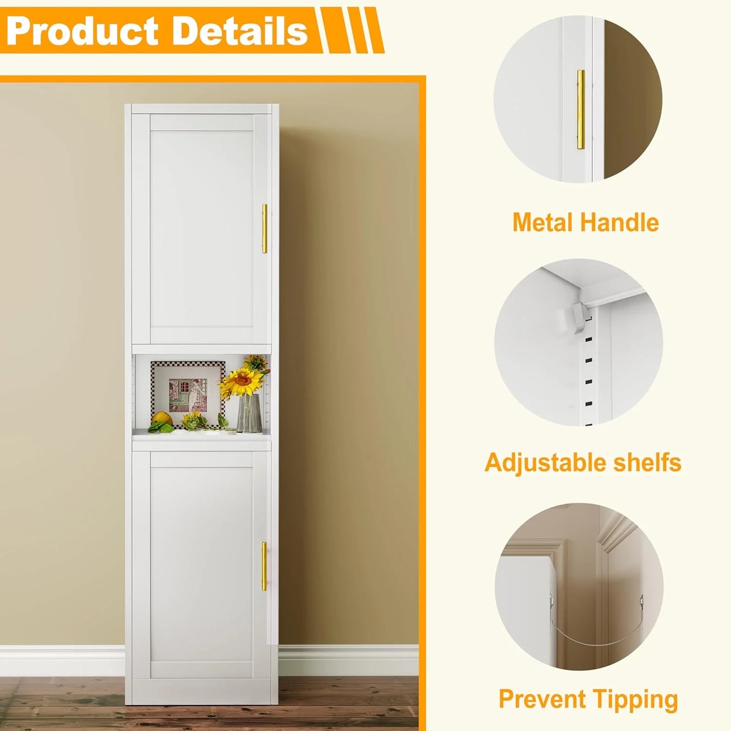 47.24" H Metal Narrow Bathroom Storage Cabinet Pantry Storage Cabinet, 2 Adjustable Shelves for Kitchen, Home Office, Living Room, Dinning Room (Black)
