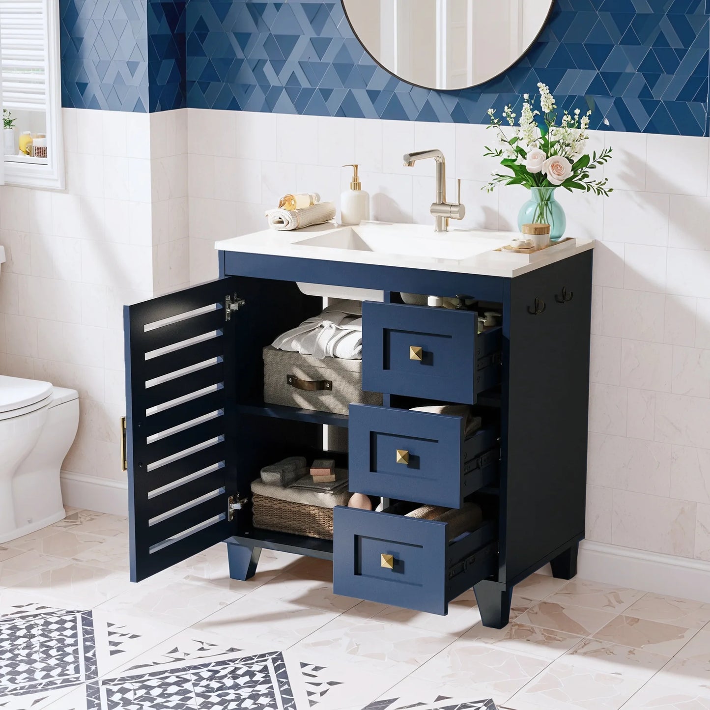ANCTOR 30'' Bathroom Vanity with Sink, Modern Bathroom Sink Cabinet with 3 Drawers & Adjustable Shelf