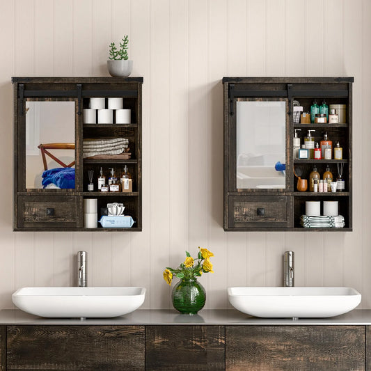 Vabches Farmhouse Bathroom Wall Storage Cabinet with Sliding Mirror Door, Adjustable Shelves, Over The Toilet Storage, Dark Rustic Oak