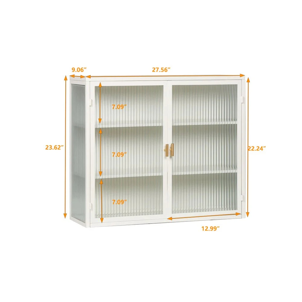 Hassch Wall Mounted Kitchen Pantry Sideboard with 2 Glass Doors, Metal Storage Cabinet Dining Cupboard for Bathroom Kitchen Living Room Dining Room, 27.56"L x 9.06"W x 23.62"H, White