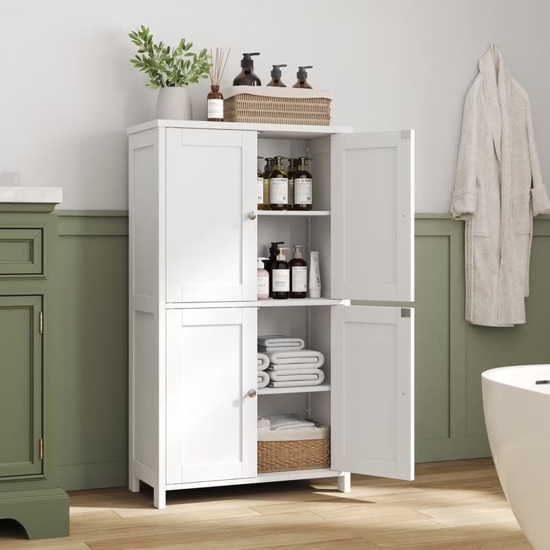 Bathroom Storage Floor Cabinet Organizer with Adjustable Shelf 4 Magnetic Doors 43" Wooden Pantry Cabinet Freestanding for Kitchen Living Room Small Spaces,Brown