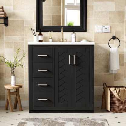 ENSHUI 30-Inch Bathroom Vanity with Ceramic Sink Combo, Solid Wood Frame, 4 Drawers, Soft Closing Doors, Green