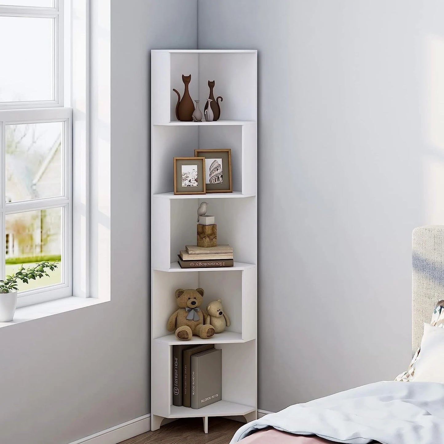 Bookshelf Corner Shelf Bookcase, Wooden 5-Tier Book Shelves Display Cabinet For Living Room,Bedroom,Bathroom, White