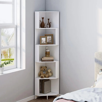 Bookshelf Corner Shelf Bookcase, Wooden 5-Tier Book Shelves Display Cabinet For Living Room,Bedroom,Bathroom, White