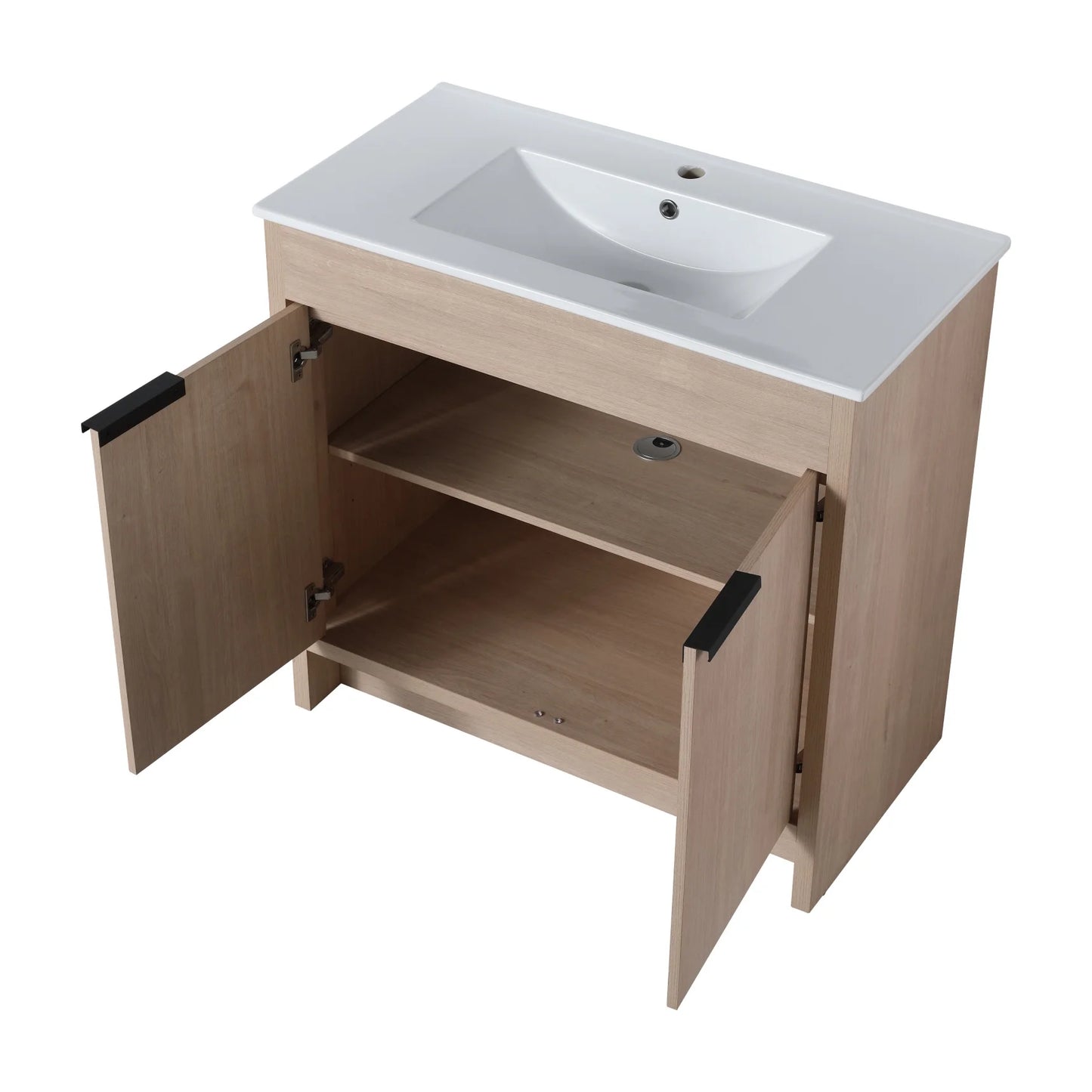 36 Inch Bathroom Vanity with White Ceramic Sink Combo, Large Storage Modern Freestanding Small Single Bath Vanity for Bathroom, Plain Light Oak