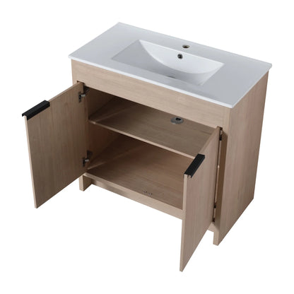 36 Inch Bathroom Vanity with White Ceramic Sink Combo, Large Storage Modern Freestanding Small Single Bath Vanity for Bathroom, Plain Light Oak