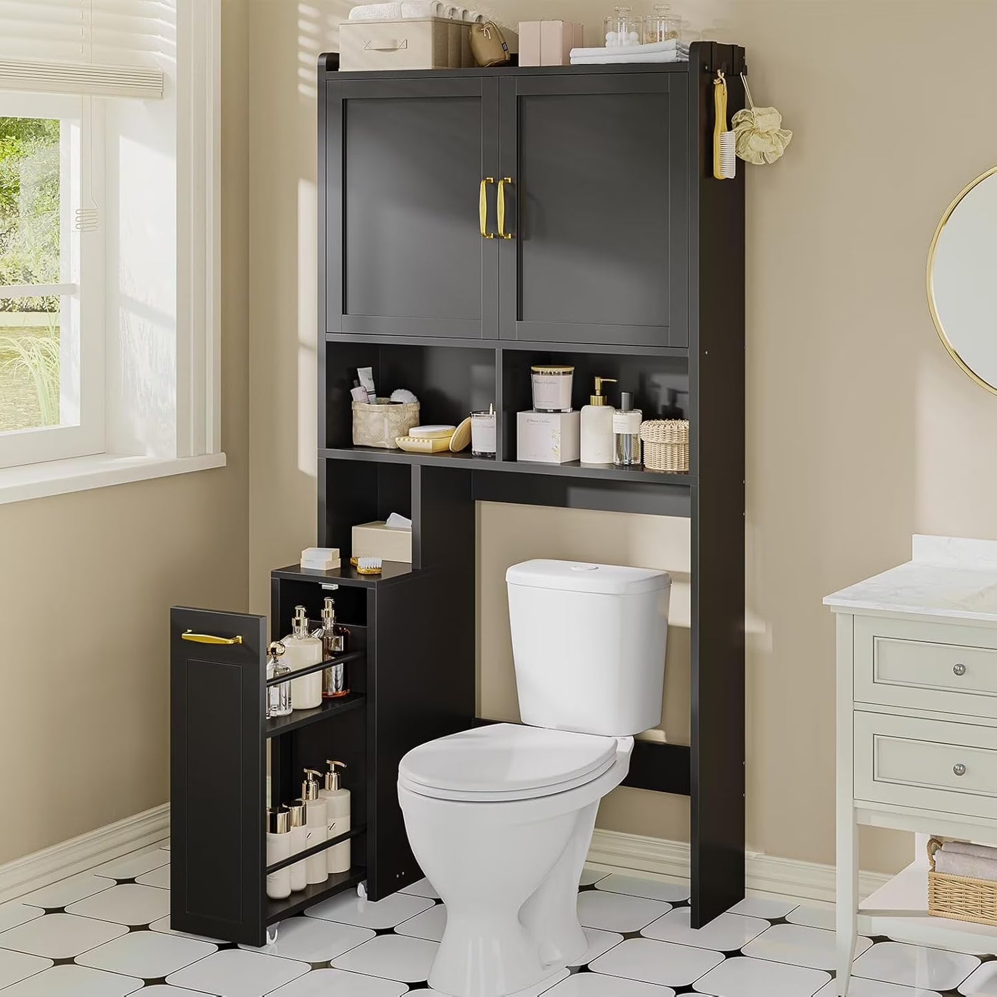 Frhnenha Over The Toilet Storage Cabinet with Pulley, Bathroom Storage Cabinet, with Adjustable Shelf and Open Shelf for Bathroom, Restroom, Laundry, White