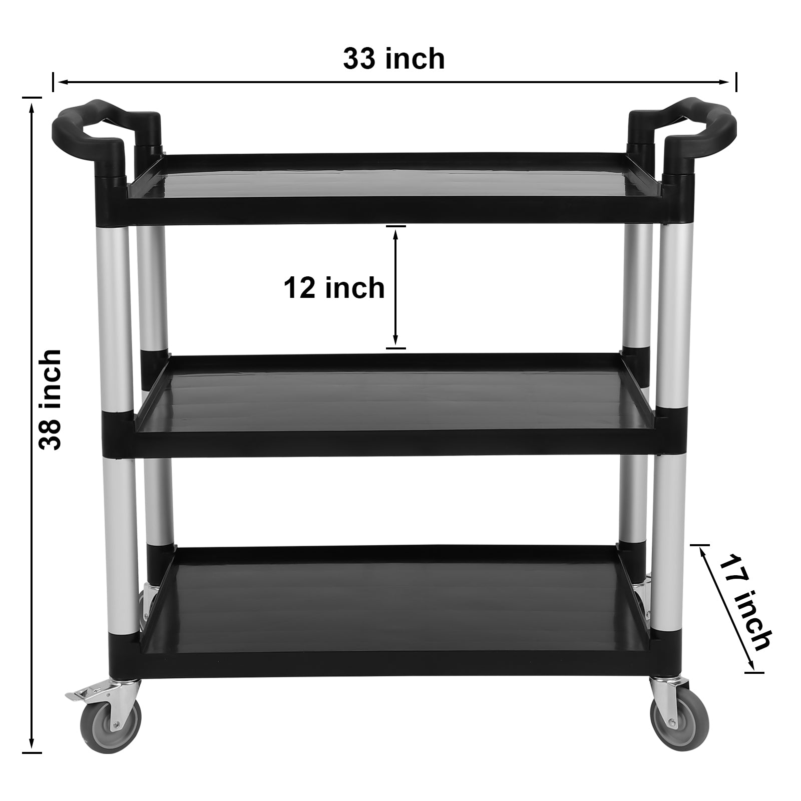 Utility Cart with Lockable Wheels,3-Tier Rolling Cart,360 lb Capacity Heavy Duty Cart for Warehouse,Kitchen,Office,Restaurant,Bathroom,Black