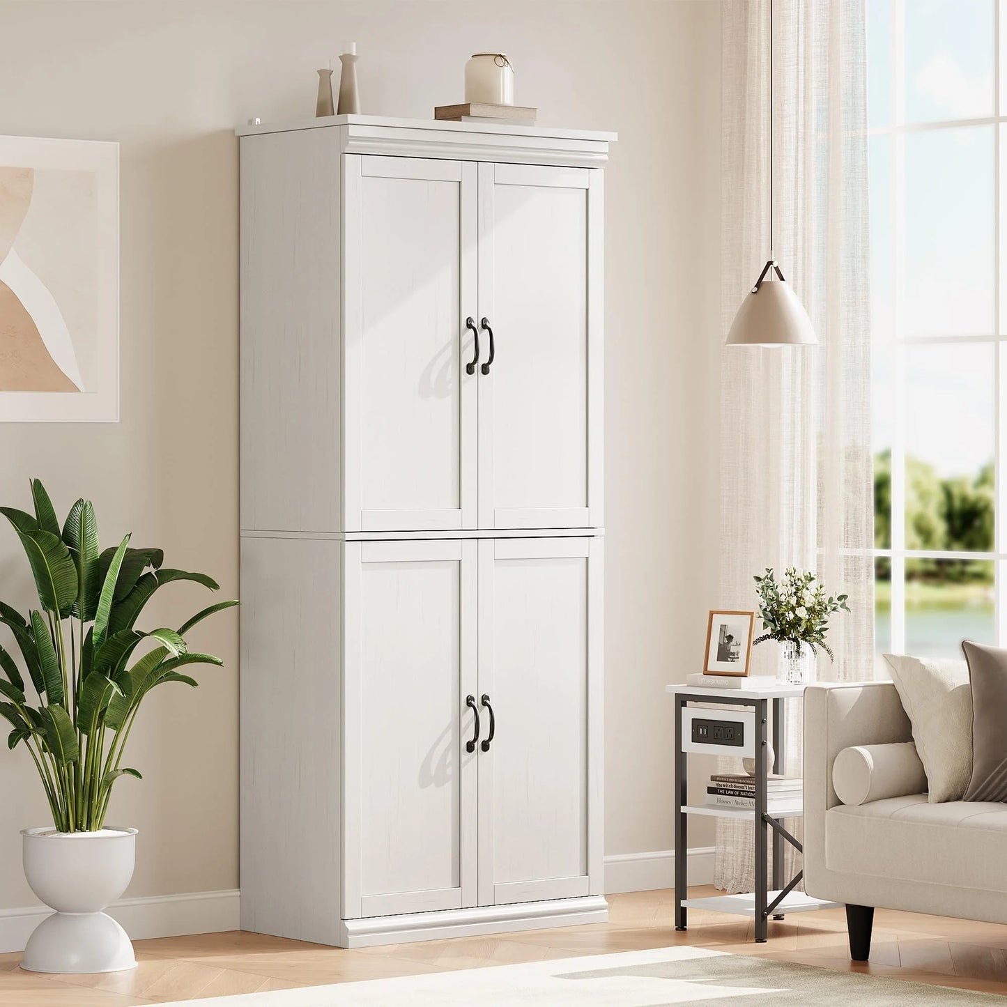 DSstyles Pantry Cabinet, Freestanding Kitchen Pantry Storage Cabinet,70" Cupboard, Tall Storage Cabinet with Doors and Adjustable Shelves, for Bathroom, Dining Room, Living Room, Antique White/Gray