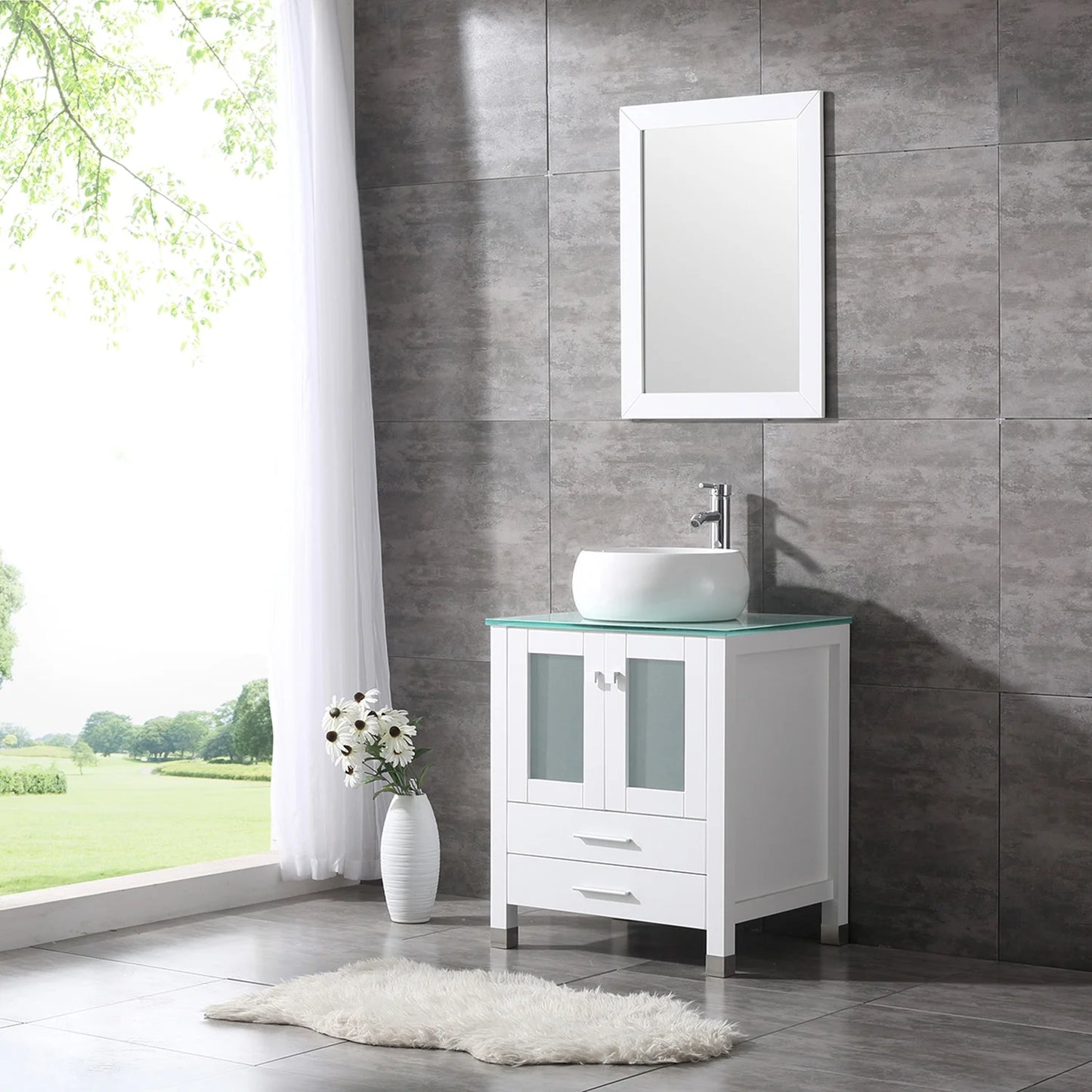 Wonline 24" Bathroom Vanity Cabinet Ceramic Sink Faucet Drain Combo w/ Mirror Set White