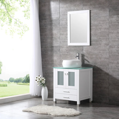 Wonline 24" Bathroom Vanity Cabinet Ceramic Sink Faucet Drain Combo w/ Mirror Set White