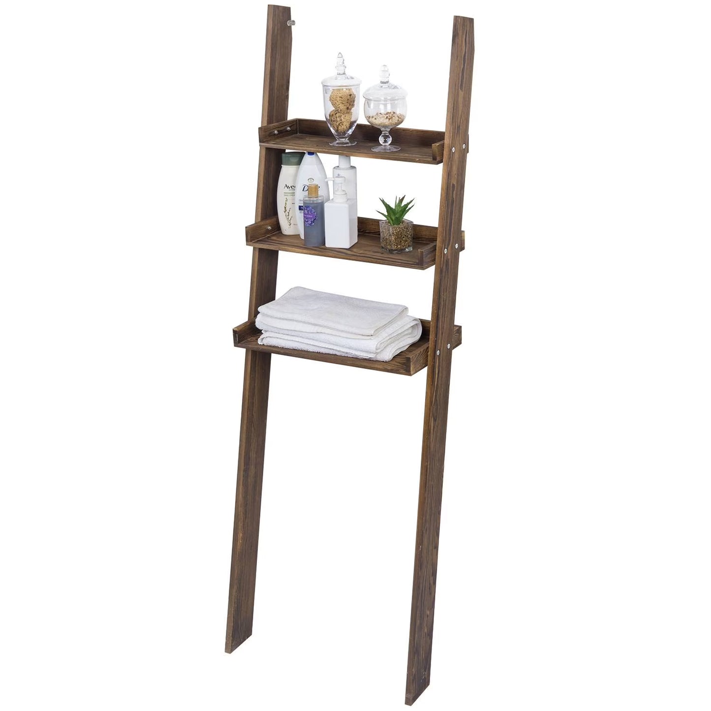 MyGift Wood Over-The-Toilet Leaning Bathroom Ladder Shelf, Dark Brown 3-Tier