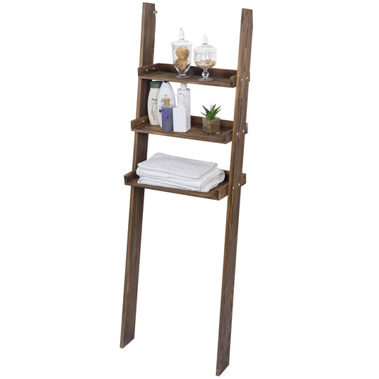 MyGift Wood Over-The-Toilet Leaning Bathroom Ladder Shelf, Dark Brown 3-Tier