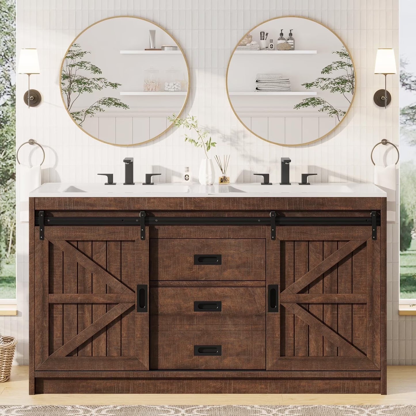 Merluxy 61" Farmhouse Double Bathroom Vanity with Sink Combo, Dual Basin Bathroom Storage Cabinet, Large Double Bath Vanity Sink Set, Rustic White