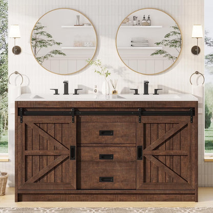 Merluxy 61" Farmhouse Double Bathroom Vanity with Sink Combo, Dual Basin Bathroom Storage Cabinet, Large Double Bath Vanity Sink Set, Rustic White