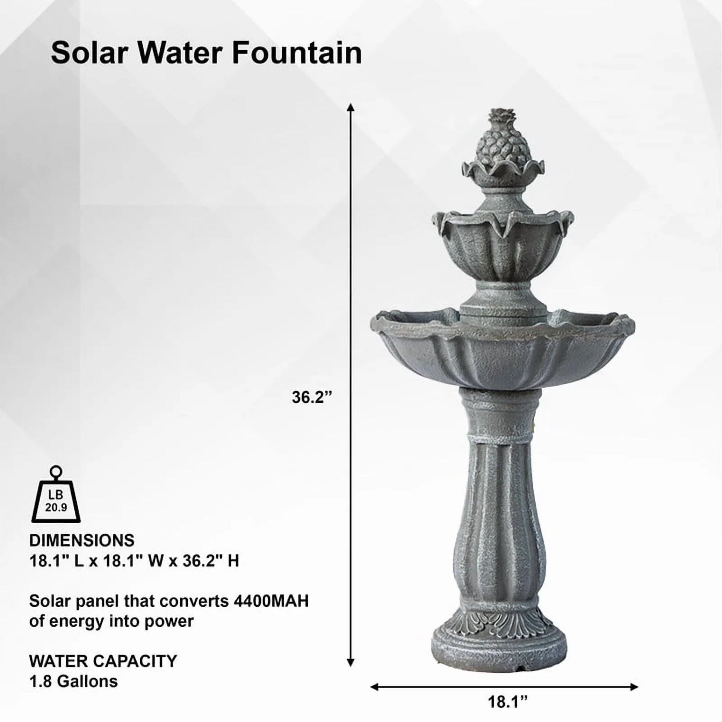 XBrand 36.2" 2-Tier Outdoor Freestanding Solar Water Fountain - Classic Design, Grey Resin Bird Bath with Pump - Ideal for Yard, Lawn and Garden, Porch D��cor