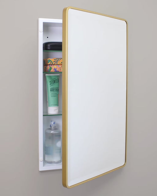 16x26 Austin Farmhouse Metal Framed Rounded Rectangle Recessed Bathroom Medicine Cabinet, Beveled Mirror, 14x24 in-Wall Opening, Powder-coated Steel, Adjustable Glass Shelves, Magnet Close, Gold
