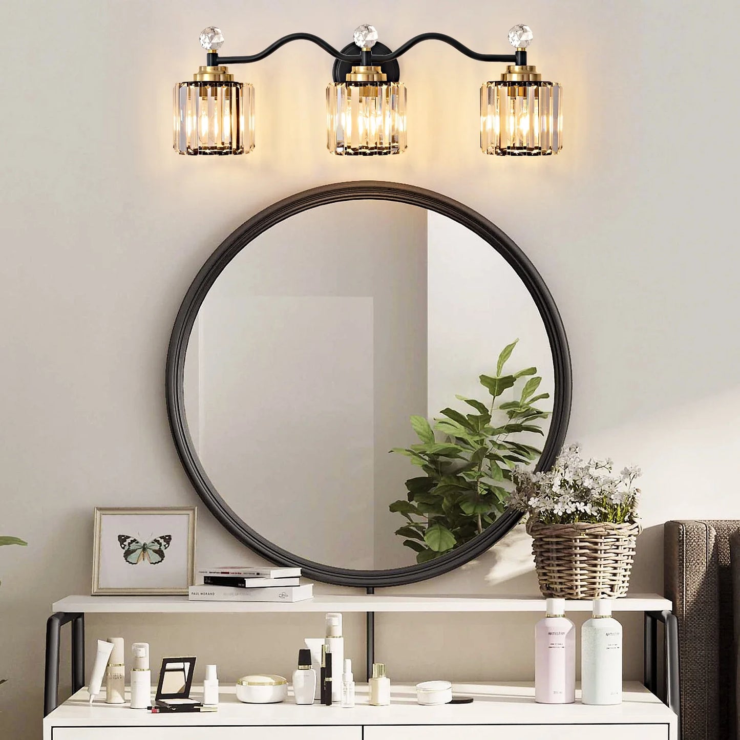 Deyidn 26" Modern 3-Light Black Gold Bathroom Vanity Light - Dimmable Bathroom Transitional Fixture with Crystal Glass Shades