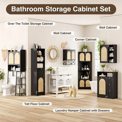 VEANERWOOD Rattan Bathroom Wall Storage Cabinet with Double Doors and Adjustable Shelves, Medicine Wall Storage Cabinet for Kitchen, Toilet, Bathroom