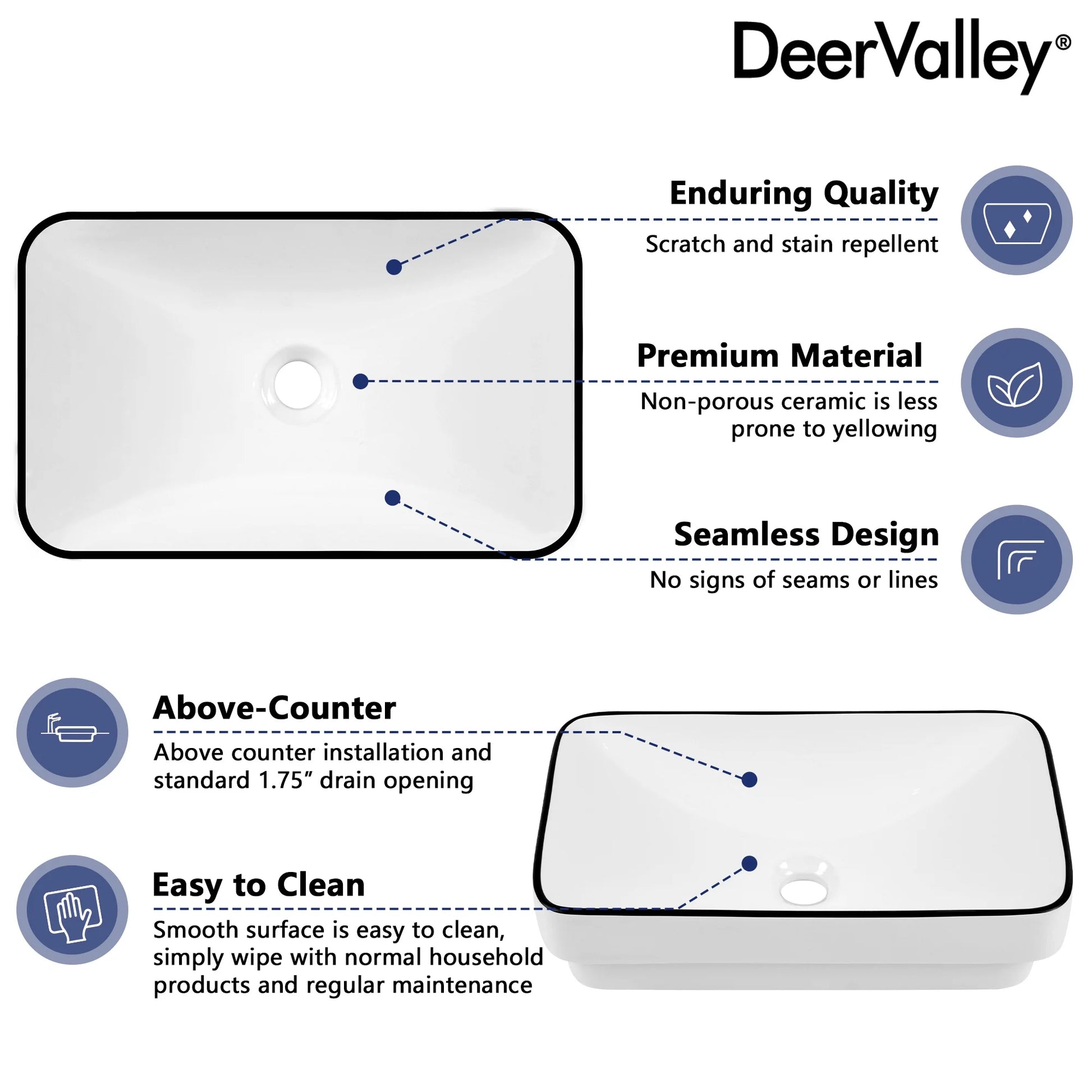 DV-1V0235 DeerValley Ally 19'' x 12'' Drop-In Bathroom Sink Semi-Recessed Vessel Sink Rectangular Above Counter Basin