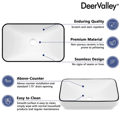 DV-1V0235 DeerValley Ally 19'' x 12'' Drop-In Bathroom Sink Semi-Recessed Vessel Sink Rectangular Above Counter Basin