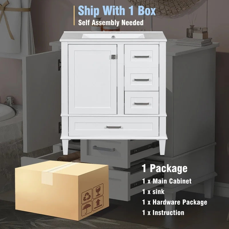 Bellemave 30" Bathroom Vanity with Sink, Cabinet with Sink Combo Set with Top, Bathroom Storage Cabinet with 3 Drawers and 1 Soft Closing Door, 30 Inch Vanity with Sink for Bathroom（White）