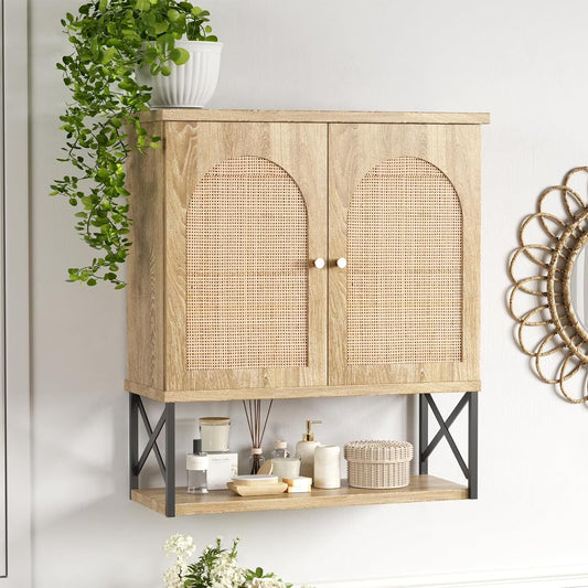 VEANERWOOD Rattan Bathroom Wall Storage Cabinet with Double Doors and Adjustable Shelves, Medicine Wall Storage Cabinet for Kitchen, Toilet, Bathroom