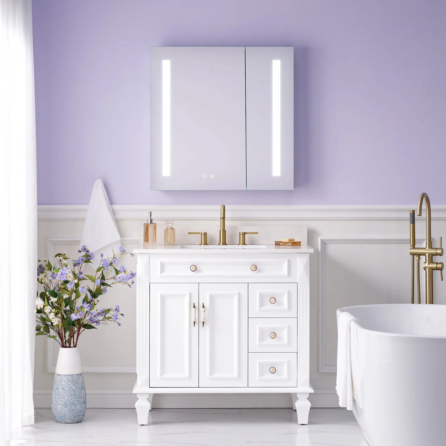 Forclover 30"x30" LED Mirror Medicine Cabinet for Bathroom with Defogger, Dimmer, Lights, Recessed or Surface Mount, Bathroom Cabinet with 3-tier Storage Shelves, Smart Touch, Anodized Aluminum