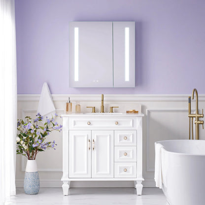 Forclover 30"x30" LED Mirror Medicine Cabinet for Bathroom with Defogger, Dimmer, Lights, Recessed or Surface Mount, Bathroom Cabinet with 3-tier Storage Shelves, Smart Touch, Anodized Aluminum