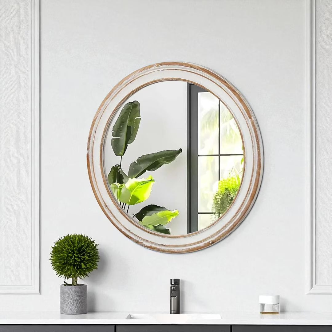 GZXS Farmhouse Round Wall Mirror with Antique Natural Finished Wood Frame, 35.4 Inches Rustic Decorative Mirror for Bathroom Vanity, Bedroom, Living Room, Entryway