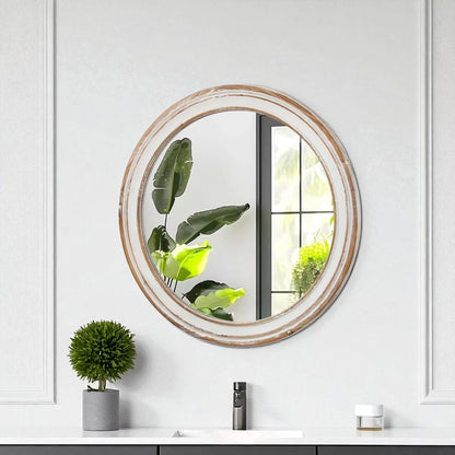 GZXS Farmhouse Round Wall Mirror with Antique Natural Finished Wood Frame, 35.4 Inches Rustic Decorative Mirror for Bathroom Vanity, Bedroom, Living Room, Entryway
