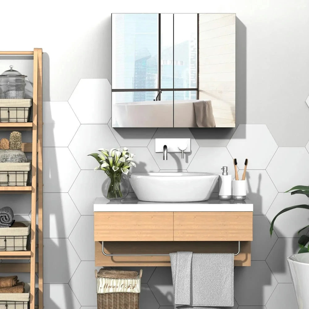 Topcobe Bathroom Mirrored Cabinet, 24"x22" Steel Frame Medicine Cabinet, Wall-Mounted Storage Organizer with Double Doors, Modern Furniture for Bathroom, White