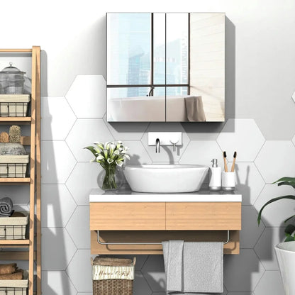 Topcobe Bathroom Mirrored Cabinet, 24"x22" Steel Frame Medicine Cabinet, Wall-Mounted Storage Organizer with Double Doors, Modern Furniture for Bathroom, White