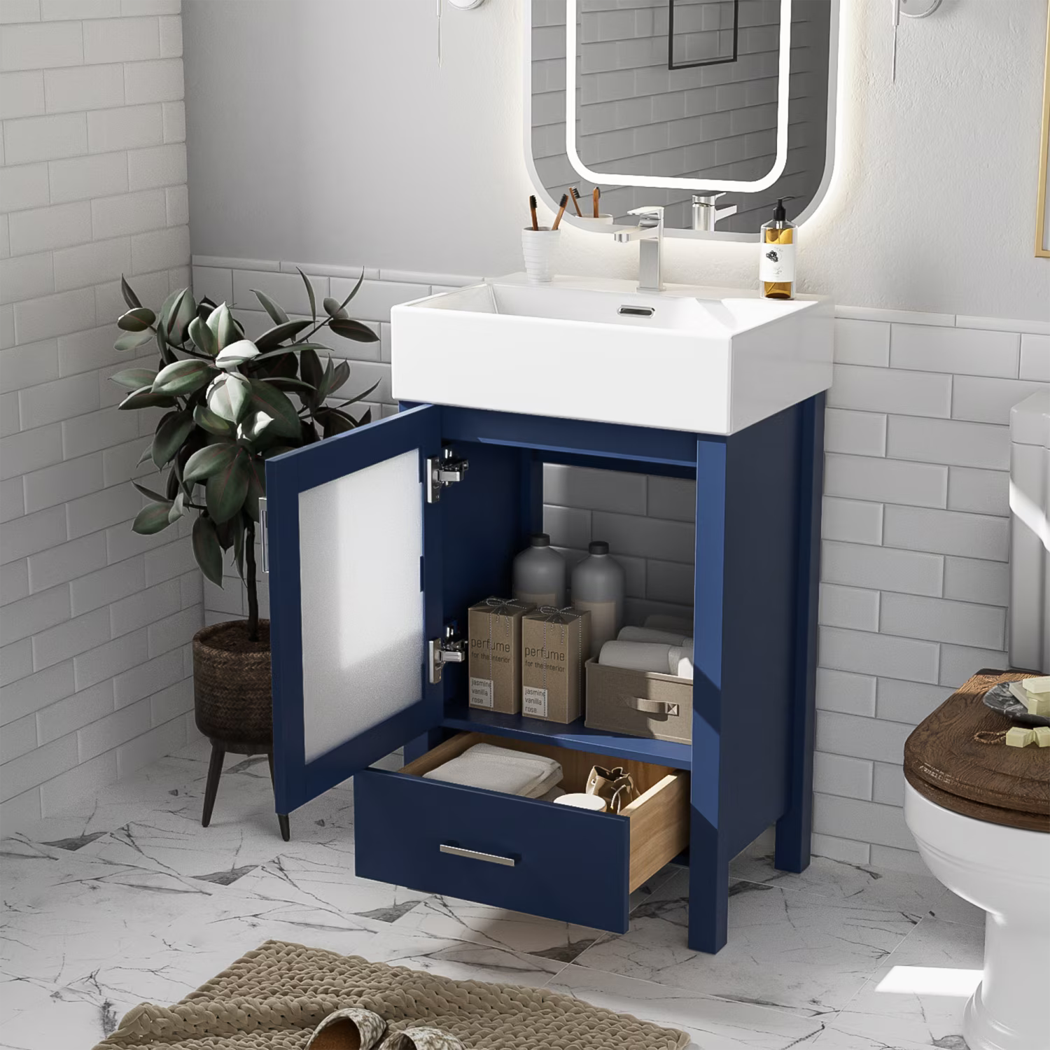 Harper & Bright Designs 20" Small Bathroom Vanity with Sink, Bathroom Vanity Cabinet with Ceramic Top and Storage Drawer, Blue